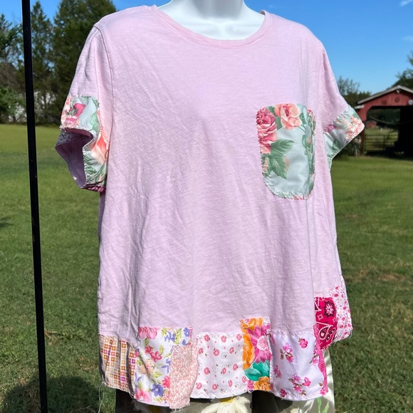 Upcycled Reworked Patchwork Distressed Cotton Short Sleeve T-Shirt Top size XL - Picture 4 of 9